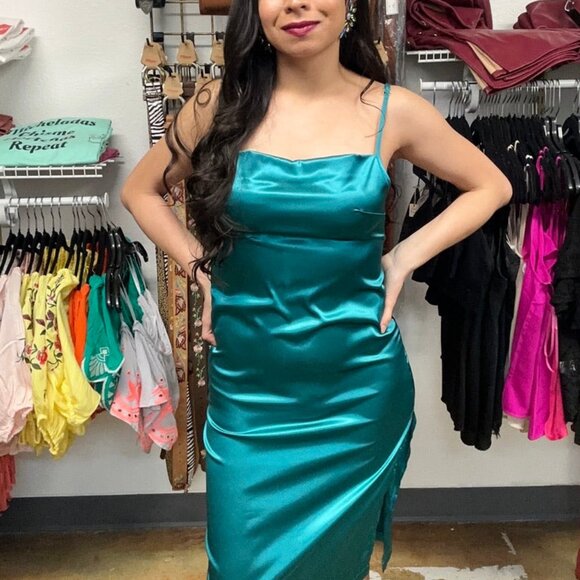 Emerald Green Satin Dress - Picture 1 of 6